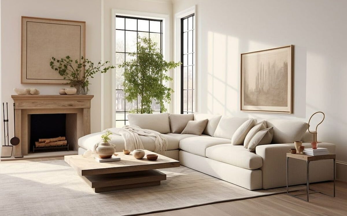 Warm minimalist living room with neutral sofa, timber coffee table and soft daylight